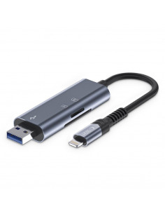 
SD/ Micro SD atminties kortelių skaitytuvas su iPhone Lightning/ USB-A jungtimi – pilkas
