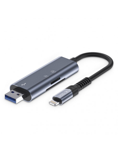 
SD/ Micro SD atminties kortelių skaitytuvas su iPhone Lightning/ USB-A jungtimi – pilkas
