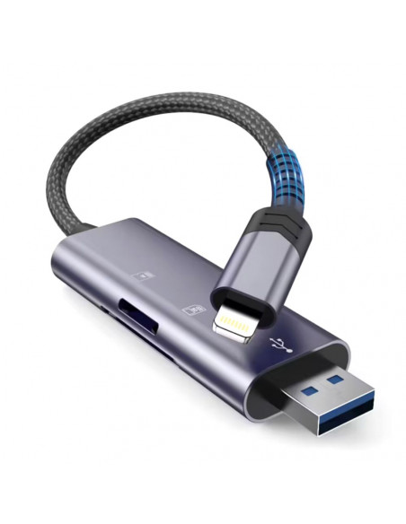 
SD/ Micro SD atminties kortelių skaitytuvas su iPhone Lightning/ USB-A jungtimi – pilkas
