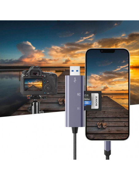 
SD/ Micro SD atminties kortelių skaitytuvas su iPhone Lightning/ USB-A jungtimi – pilkas
