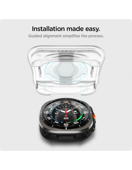 
Grūdinto stiklo dėklas su tvirtinimo rėmeliu, skirtas „Samsung Galaxy Watch Ultra 47 mm“ – 2 vnt.
