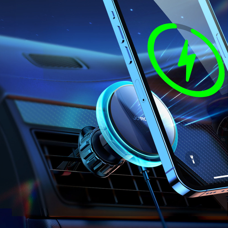 Sidabrinis automobilinis telefono laikiklis su Qi 15W MagSafe indukciniu įkrovikliu