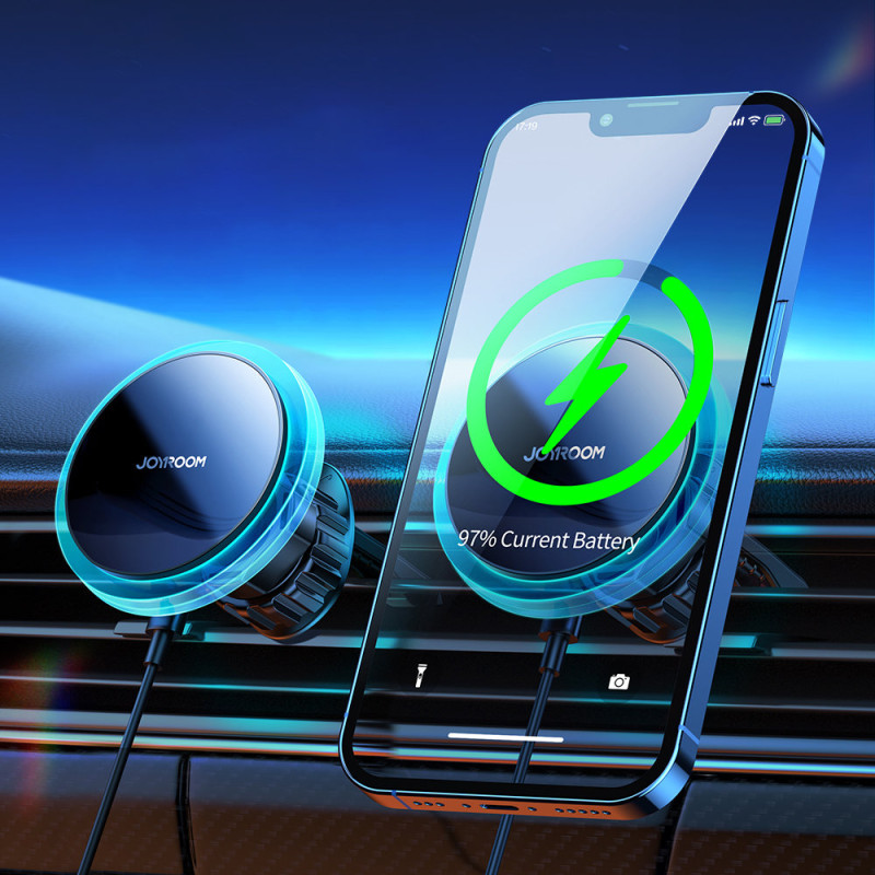 Sidabrinis automobilinis telefono laikiklis su Qi 15W MagSafe indukciniu įkrovikliu