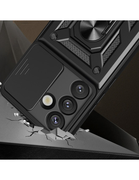 
„OnePlus 13 5G Hybrid Armor Camshield“ dėklas su stovu ir kameros skydeliu – juodas
