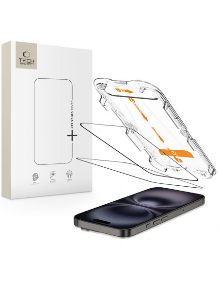 
Grūdintas stiklas iPhone 15 / 16 su „Quick Set+“ montavimo rėmeliu - 2 vnt.
