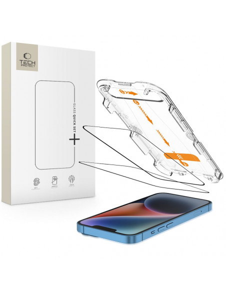 
Grūdintas stiklas iPhone 13 / 13 PRO / 14 / 16e su „Quick Set+“ montavimo rėmeliu - 2 vnt.
