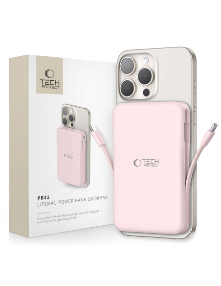 
10000 mAh USB-A USB-C išorinė baterija su USB-C iPhone Lightning MagSafe laidais – rožinė
