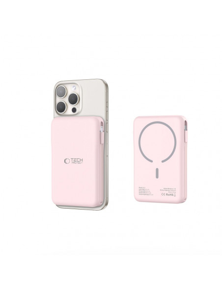 
10000 mAh USB-A USB-C išorinė baterija su USB-C iPhone Lightning MagSafe laidais – rožinė
