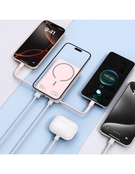 
10000 mAh USB-A USB-C išorinė baterija su USB-C iPhone Lightning MagSafe laidais – rožinė
