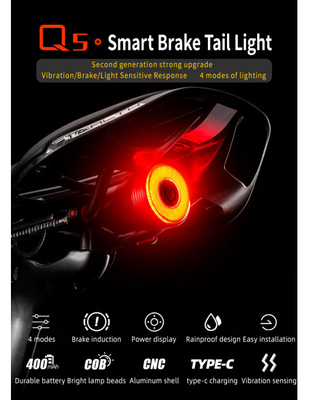 
Q5 galinis dviračio žibintas su išmania stabdymo sistema – juodas
