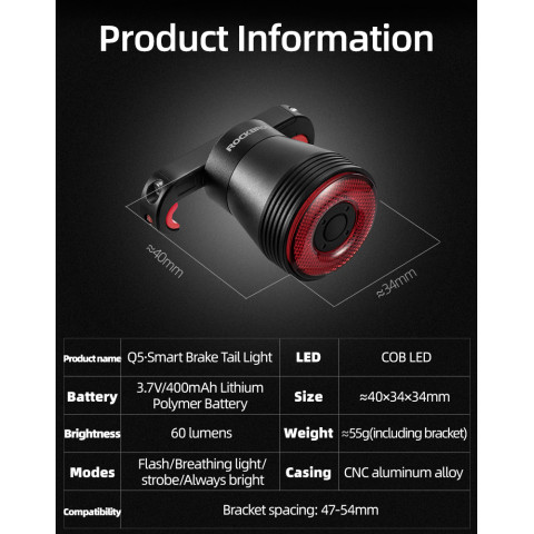 
Q5 galinis dviračio žibintas su išmania stabdymo sistema – juodas
