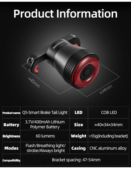 
Q5 galinis dviračio žibintas su išmania stabdymo sistema – juodas
