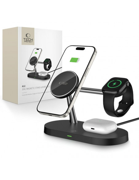 
3 viename belaidis įkroviklis išmaniajam telefonui, išmaniajam laikrodžiui ir ausinėms su „MagSafe“ – juodas
