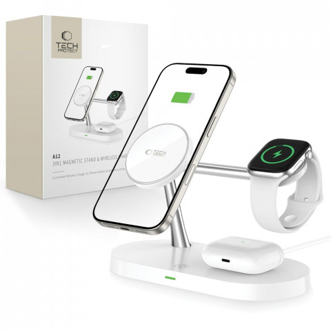 
3in1 belaidis įkroviklis išmaniesiems telefonams, išmaniesiems laikrodžiams ir ausinėms su „MagSafe“ – baltas
