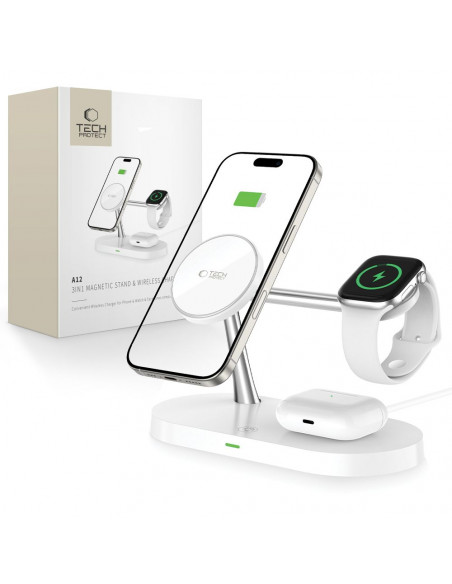 
3in1 belaidis įkroviklis išmaniesiems telefonams, išmaniesiems laikrodžiams ir ausinėms su „MagSafe“ – baltas
