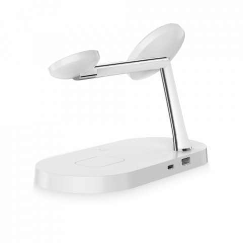 
3in1 belaidis įkroviklis išmaniesiems telefonams, išmaniesiems laikrodžiams ir ausinėms su „MagSafe“ – baltas
