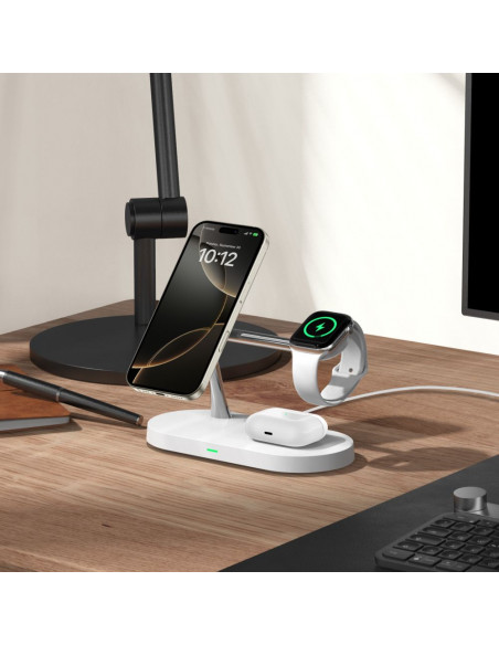 
3in1 belaidis įkroviklis išmaniesiems telefonams, išmaniesiems laikrodžiams ir ausinėms su „MagSafe“ – baltas
