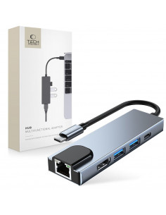
5in1 šakotuvas USB-C į USB-C USB-A HDMI RJ45 skirstytuvas - pilkas
