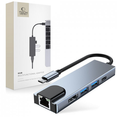 
5in1 šakotuvas USB-C į USB-C USB-A HDMI RJ45 skirstytuvas - pilkas
