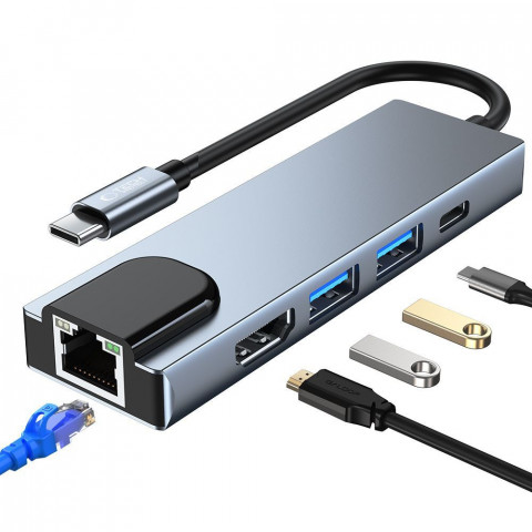 
5in1 šakotuvas USB-C į USB-C USB-A HDMI RJ45 skirstytuvas - pilkas
