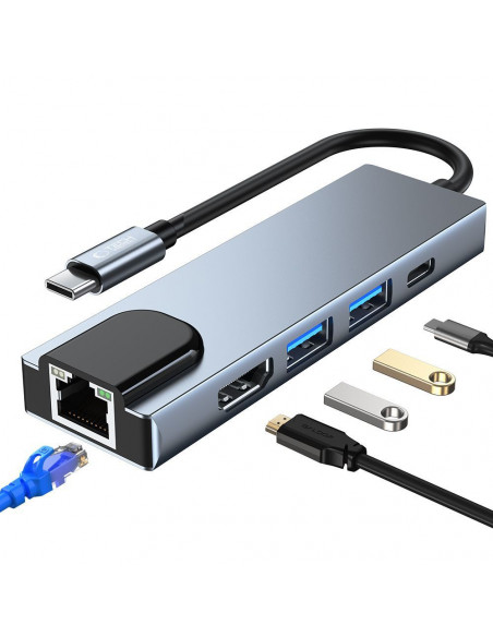 
5in1 šakotuvas USB-C į USB-C USB-A HDMI RJ45 skirstytuvas - pilkas
