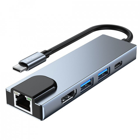 
5in1 šakotuvas USB-C į USB-C USB-A HDMI RJ45 skirstytuvas - pilkas
