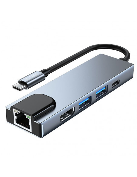 
5in1 šakotuvas USB-C į USB-C USB-A HDMI RJ45 skirstytuvas - pilkas
