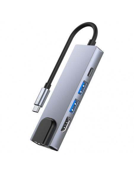 
5in1 šakotuvas USB-C į USB-C USB-A HDMI RJ45 skirstytuvas - pilkas
