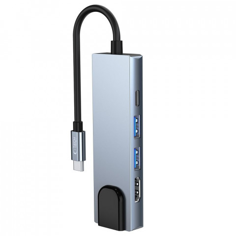 
5in1 šakotuvas USB-C į USB-C USB-A HDMI RJ45 skirstytuvas - pilkas
