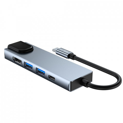 
5in1 šakotuvas USB-C į USB-C USB-A HDMI RJ45 skirstytuvas - pilkas
