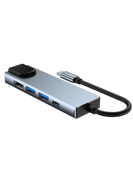 
5in1 šakotuvas USB-C į USB-C USB-A HDMI RJ45 skirstytuvas - pilkas
