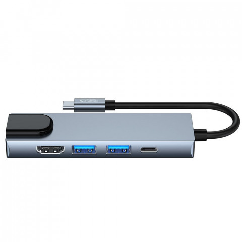 
5in1 šakotuvas USB-C į USB-C USB-A HDMI RJ45 skirstytuvas - pilkas
