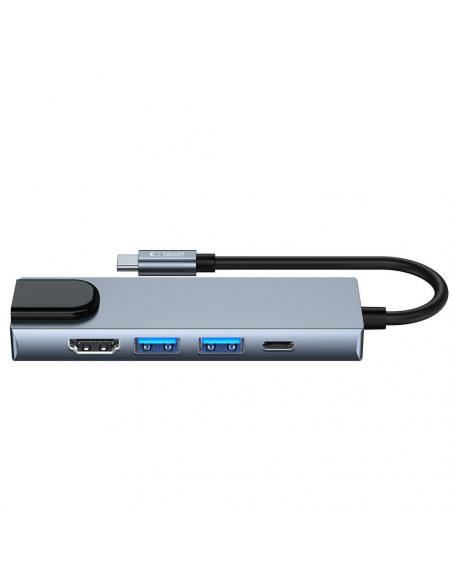 
5in1 šakotuvas USB-C į USB-C USB-A HDMI RJ45 skirstytuvas - pilkas
