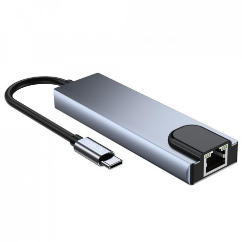 
5in1 šakotuvas USB-C į USB-C USB-A HDMI RJ45 skirstytuvas - pilkas
