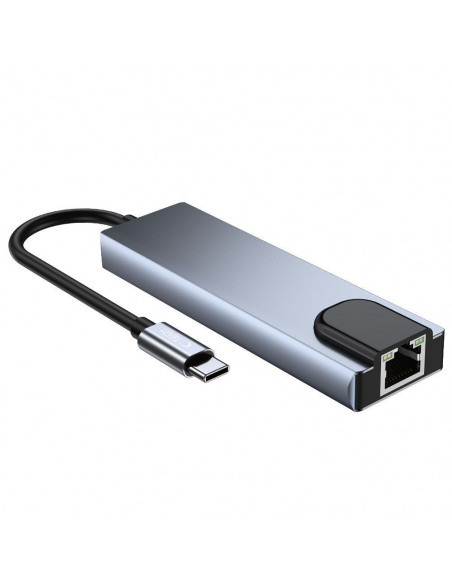 
5in1 šakotuvas USB-C į USB-C USB-A HDMI RJ45 skirstytuvas - pilkas
