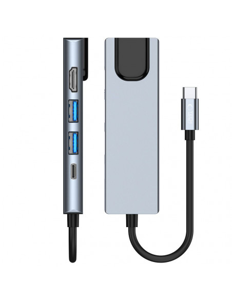 
5in1 šakotuvas USB-C į USB-C USB-A HDMI RJ45 skirstytuvas - pilkas
