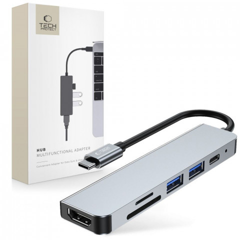 
6in1 šakotuvas USB-C į USB-A USB-C HDMI Micro SD / TF / SD skirstytuvas - pilkas
