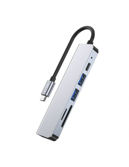 
6in1 šakotuvas USB-C į USB-A USB-C HDMI Micro SD / TF / SD skirstytuvas - pilkas
