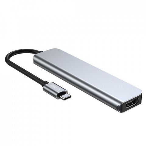 
6in1 šakotuvas USB-C į USB-A USB-C HDMI Micro SD / TF / SD skirstytuvas - pilkas
