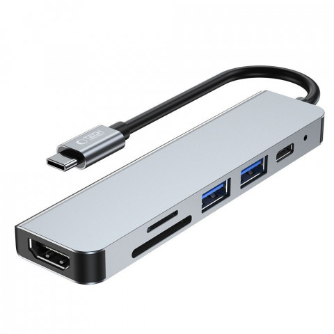 
6in1 šakotuvas USB-C į USB-A USB-C HDMI Micro SD / TF / SD skirstytuvas - pilkas
