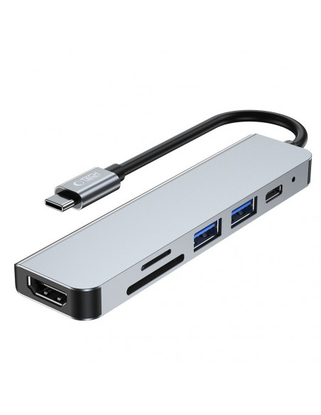 
6in1 šakotuvas USB-C į USB-A USB-C HDMI Micro SD / TF / SD skirstytuvas - pilkas
