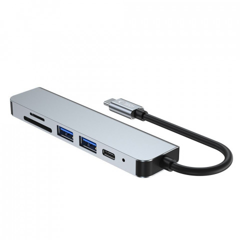 
6in1 šakotuvas USB-C į USB-A USB-C HDMI Micro SD / TF / SD skirstytuvas - pilkas
