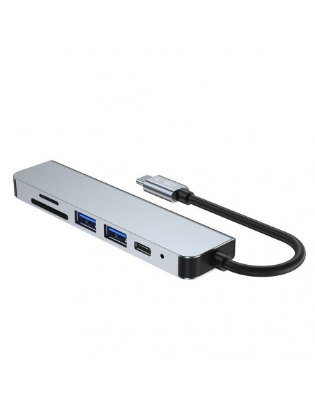 
6in1 šakotuvas USB-C į USB-A USB-C HDMI Micro SD / TF / SD skirstytuvas - pilkas
