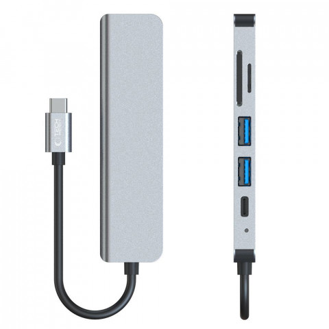 
6in1 šakotuvas USB-C į USB-A USB-C HDMI Micro SD / TF / SD skirstytuvas - pilkas
