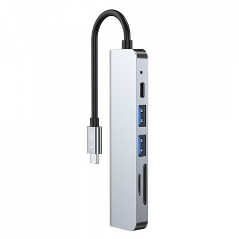 
6in1 šakotuvas USB-C į USB-A USB-C HDMI Micro SD / TF / SD skirstytuvas - pilkas
