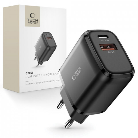 
USB-C PD 20W / USB-A QC 3.0 sieninis įkroviklis – juodas
