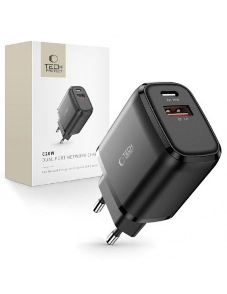 
USB-C PD 20W / USB-A QC 3.0 sieninis įkroviklis – juodas
