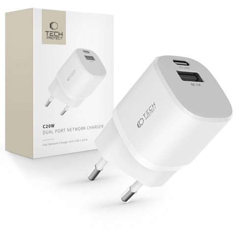 
C20W mini USB-C PD 20W / USB-A QC 3.0 sieninis įkroviklis – baltas
