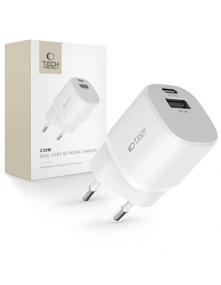 
C20W mini USB-C PD 20W / USB-A QC 3.0 sieninis įkroviklis – baltas

