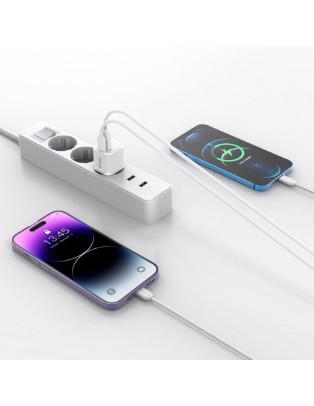 
C20W mini USB-C PD 20W / USB-A QC 3.0 sieninis įkroviklis – baltas
